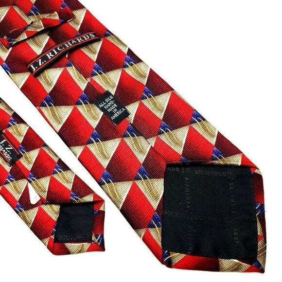 JZ Richards Silk Tie Print Red Geometric Wide Hand Made - Picture 6 of 7